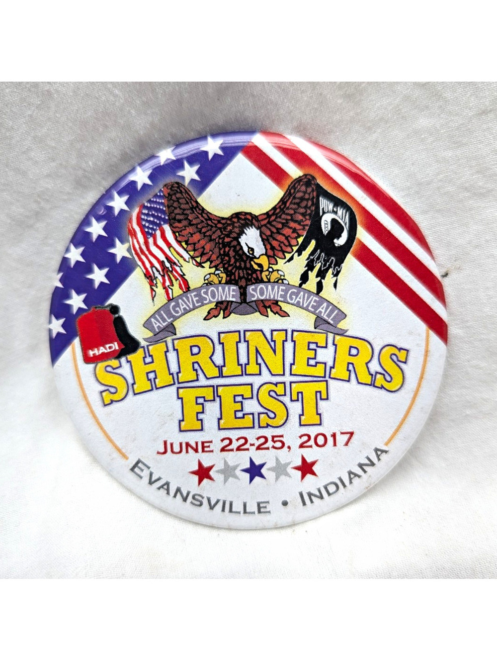 Shriners Fest Pinback Button Evansville, Indiana June 22-25 2017 Souvenir